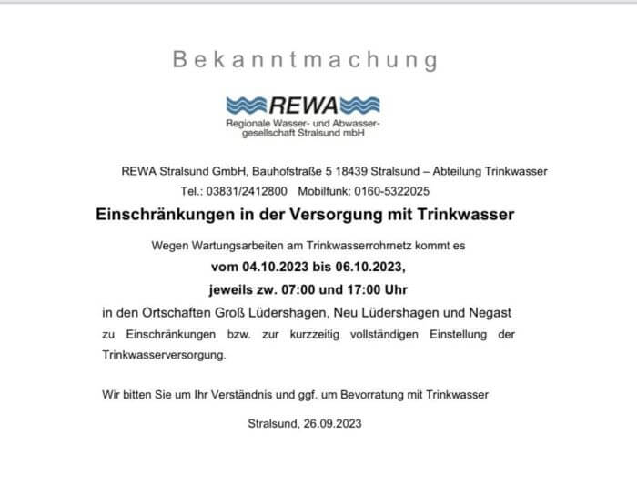 REWA Wartungsarbeiten!!! 04.-06.10.2023 von 07.-17.00 Uhr Störung der Trinkwasserversorgung in Negast und Lüdershagen