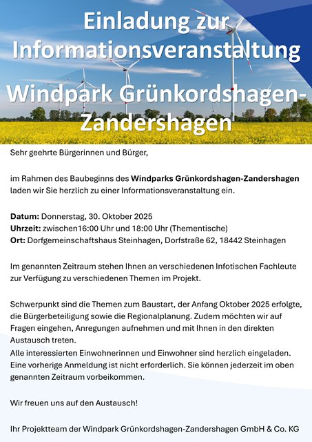 Informationveranstaltung Windparks Grünkordshagen-Zandershagen